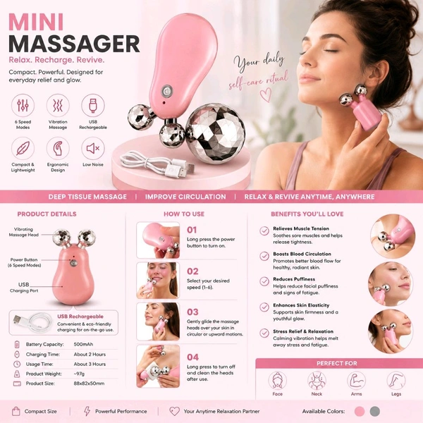 Mini Electric Facial & Body Massager, USB Rechargeable 6-Speed Vibrating Massage Roller for Face, Neck, Arms & Legs, Portable Deep Tissue Relaxation Tool, Low Noise Beauty & Wellness Device (Assorted Colour)