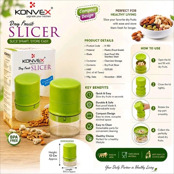 KONVEX Dry Fruit Slicer with Clear Storage Container | Compact Manual Nut Cutter for Almonds, Cashews & Dry Fruits | 304 Stainless Steel Blade | BPA-Free Food Grade Plastic | Easy Clean Kitchen Gadget (12 cm x 7.5 cm Approx)