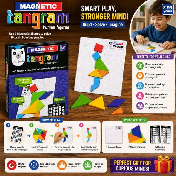 Play Panda Magnetic Tangram Human Figures Puzzle Game | 7 Magnetic Shapes with Magnetic Board | 50 Brain Boosting Challenges & Solutions | Educational STEM Learning Toy for Kids Age 3+ Years