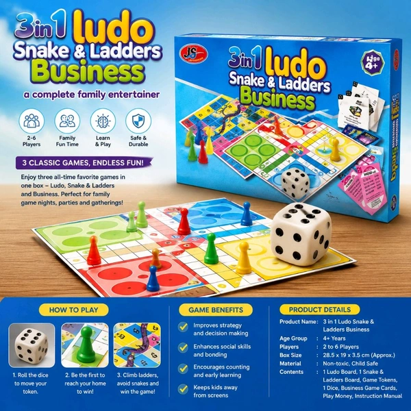 JS 3 in 1 Ludo, Snake & Ladders & Business Board Game Set for Kids & Family | Educational Indoor Game | 2โ6 Players | Dice, Tokens & Play Accessories Included | Age 5+