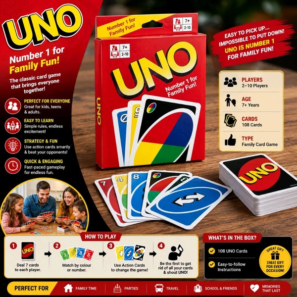 UNO Classic Family Card Game | 108 Playing Cards with Action Cards | Fun Party Game for Kids & Adults | Multiplayer Indoor Game for Family, Friends & Travel | Age 7+ Years