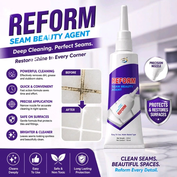 REFORM Seam Beauty Agent Tile Gap Cleaner 120ml | Water-Based Grout & Tile Joint Whitening Cleaner with Precision Nozzle | Deep Cleaning Stain Remover for Bathroom, Kitchen, Floor Tiles & Wall Seams