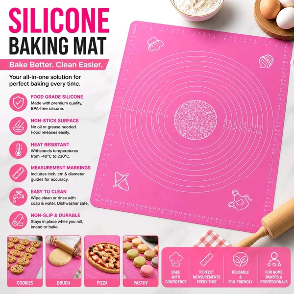 Silicone Baking Mat with Measurement Guide | Non-Stick Food Grade Pastry Rolling Mat for Dough, Pizza, Cookies & Fondant | Reusable Heat Resistant BPA-Free Kneading Mat for Baking & Cooking - Assorted Colour
