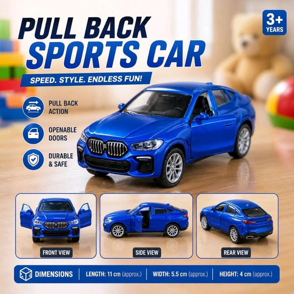 Pull Back Sports Car Toy for Kids | Premium Die-Cast SUV Model Car with Openable Doors | Friction Powered Mini Metal Vehicle | Durable Luxury Style Collectible Toy Car | Blue | 11 x 5.5 x 4 cm Approx