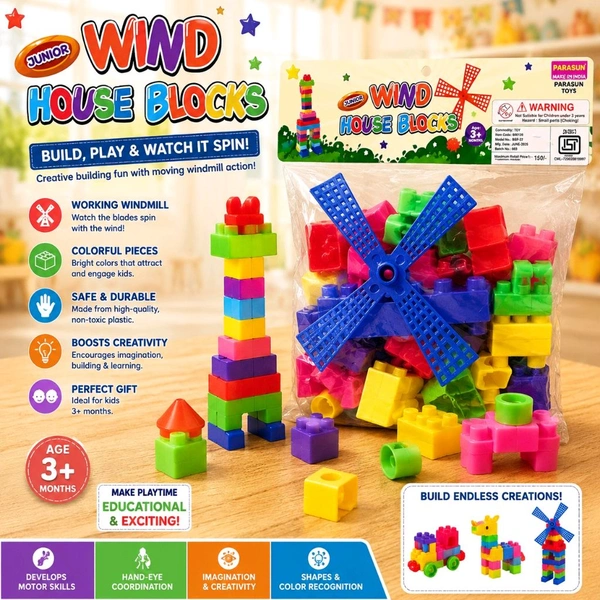 Wind House Blocks Junior Building Set for Kids 3+ Years | Colorful Educational Construction Toy with Working Windmill | Creative Learning Blocks for Boys & Girls