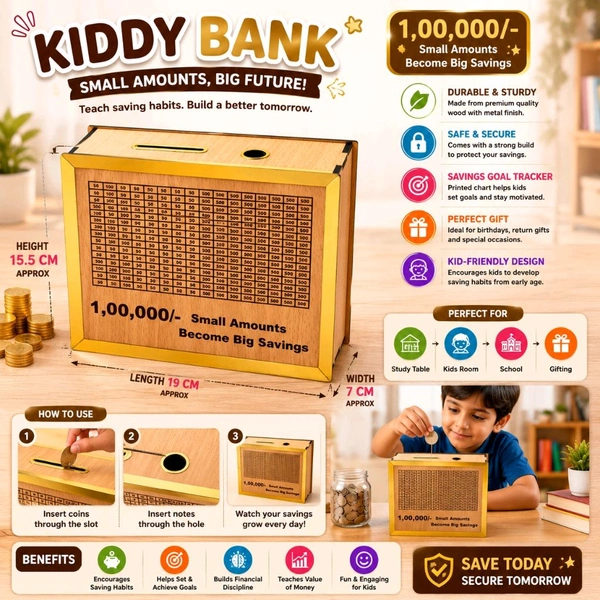 Wooden Kiddy Bank Savings Box for Kids & Adults | ₹1,00,000 Savings Challenge Money Bank | Goal-Based Coin & Cash Saving Box | Reusable Wooden Piggy Bank with Savings Tracker | Home, Office & Gift Use