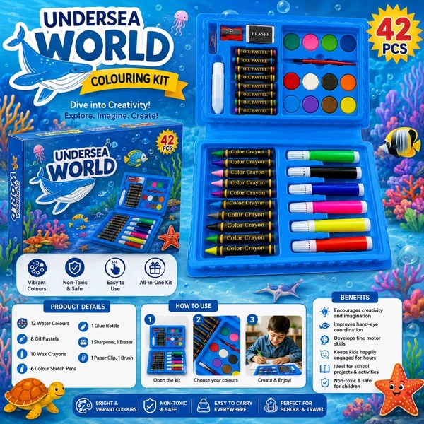 42 Pcs Undersea World Colouring Kit Including 10 Crayons, 8 Oil Pastels, 6 Sketch Pens, 12 Water Colors, 1 Sharpener, 1 Eraser, 1 Binding Clip, 1 Colouring Brush, 1 Water Tube