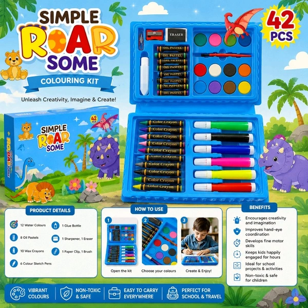 42 Pcs Simple Roar Colouring Kit Including 10 Crayons, 8 Oil Pastels, 6 Sketch Pens, 12 Water Colors, 1 Sharpener, 1 Eraser, 1 Binding Clip, 1 Colouring Brush, 1 Water Tube