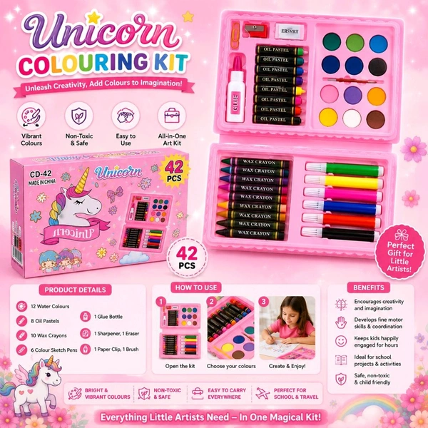 42 Pcs Unicorn Colouring Kit Including 10 Crayons, 8 Oil Pastels, 6 Sketch Pens, 12 Water Colors, 1 Sharpener, 1 Eraser, 1 Binding Clip, 1 Colouring Brush, 1 Water Tube