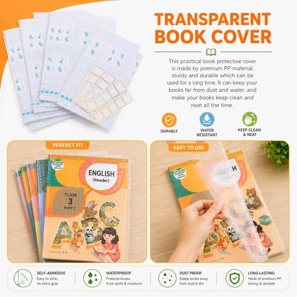 Premium Self-Adhesive Transparent Book Cover Sheets | Waterproof, Dustproof & Bubble-Free Book Protector | Easy Peel & Stick | Durable PP Material | School Books, Notebooks, Textbooks & Registers Protection (Pack of 30 Sheets, A4 Size)