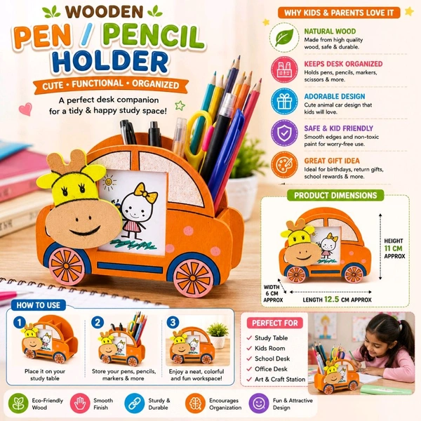 Wooden Animal Car Pen & Pencil Holder for Kids | Cute Giraffe Desk Organizer | Wooden Stationery Stand for Pens, Pencils, Markers & Art Supplies | Study Table Organizer for Home, School & Office