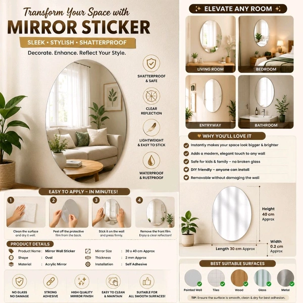 Oval Acrylic Mirror Wall Sticker | Self-Adhesive Frameless Decorative Mirror for Bedroom, Living Room, Bathroom & Home Décor | Lightweight Shatterproof Wall Mirror (30 x 40 cm Approx)