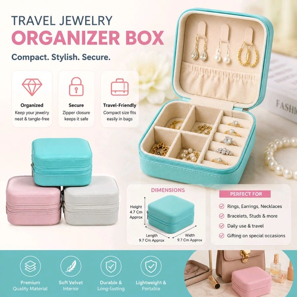 Travel Jewelry Organizer Box for Women | Portable Mini Jewelry Storage Case with Ring Holder, Earring Hooks & Necklace Compartments | Compact Zipper Jewelry Travel Case for Rings, Earrings, Bracelets & Accessories (9.7 x 9.7 x 4.7 cm), Assorted Colour