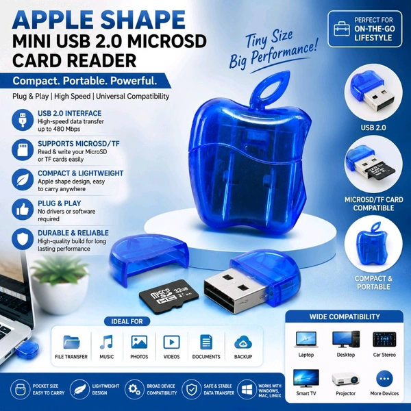 Apple Shape Mini USB 2.0 MicroSD Card Reader, Portable TF Card Adapter, High-Speed Flash Memory Reader for MicroSD/TF Cards, Plug & Play USB Adapter for Laptop, PC & Desktop (Random Colour)