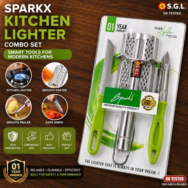 SparkX Premium Kitchen Gas Lighter Combo Set with Stainless Steel Gas Lighter, Vegetable Peeler, Kitchen Knife & Stainless Steel Grater | 1 Year Warranty | Premium Steel | Ergonomic Grip