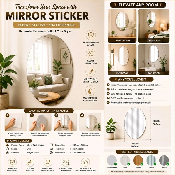 Oval Acrylic Mirror Wall Sticker | Self-Adhesive Frameless Decorative Mirror for Bedroom, Living Room, Bathroom & Home Décor | Lightweight Shatterproof Wall Mirror (20 x 30 cm Approx)