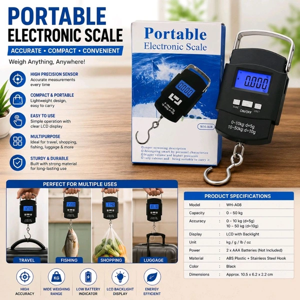 Portable Electronic Scale 50kg Digital Luggage Weighing Scale with LCD Backlit Display | High Precision Travel & Fishing Weight Scale | Handheld Hook Scale for Luggage, Grocery, Parcel & Outdoor Use