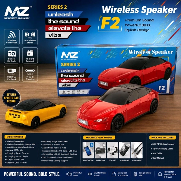 MAZ F2 Wireless Bluetooth Speaker | Sports Car Design | 5W HD Sound | Bluetooth, FM Radio, USB, TF Card & AUX | Type-C Charging | Portable Rechargeable Speaker for Home, Office & Travel