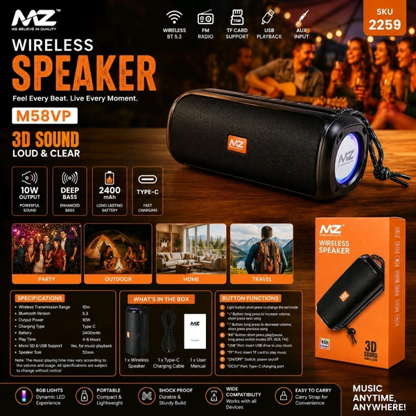 MZ M58VP Portable Wireless Bluetooth Speaker | 10W 3D Stereo Sound | Deep Bass | Bluetooth 5.3 | RGB Light | 2400mAh Battery | Type-C Fast Charging | FM Radio | USB & TF Card | Portable Outdoor Speaker (Black)
