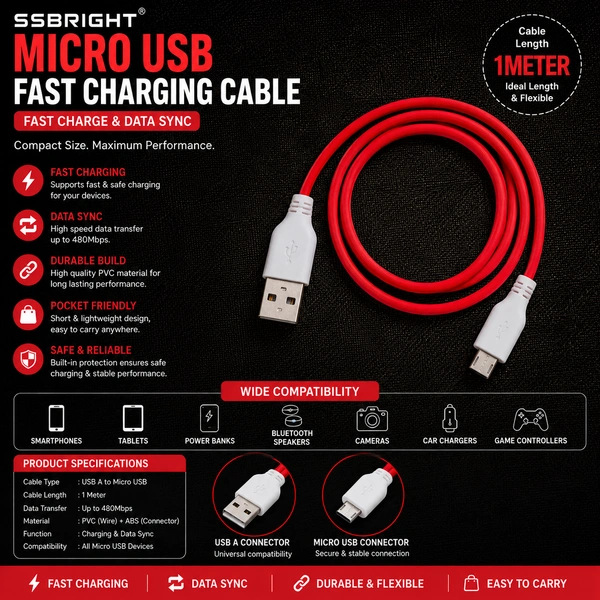 SSBRIGHT SG-C79 Micro USB Fast Charging Cable 1 Meter | USB A to Micro USB Data Cable | Fast Charging & High-Speed Data Sync | Durable Tangle-Free Cable for Android Smartphones, Power Banks & Accessories (Red)