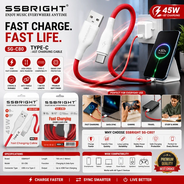 SSBRIGHT SG-C80 USB-A to Type-C Fast Charging Cable, 45W High-Speed Charging & Data Sync Cable, 1 Meter Durable Anti-Tangle Cable for Android Smartphones, Tablets, Power Banks & Type-C Devices (Red)