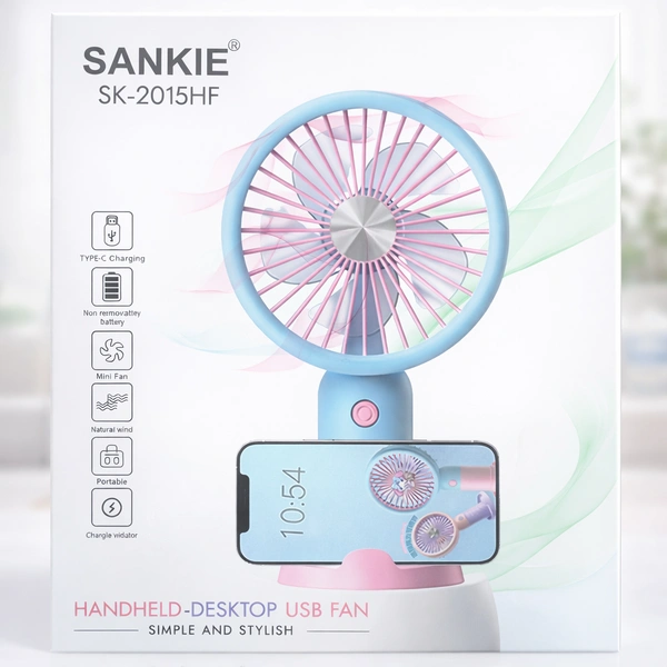 SANKIE SK-2015HF Handheld & Desktop USB Rechargeable Fan with Mobile Holder | Type-C Fast Charging | 3-Speed Adjustable Airflow | Portable Mini Cooling Fan for Home, Office & Travel | Integrated Mobile Holder