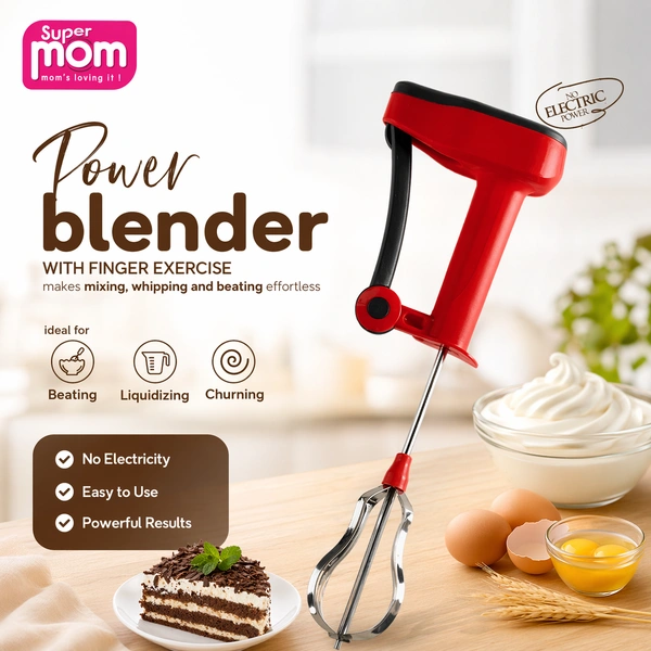 Super Mom Power Blender | Manual Hand Blender with Finger Exercise Mechanism | No Electricity Required | Multi-Purpose Beater for Mixing, Whipping & Churning | Durable & Easy to Use (Red)
