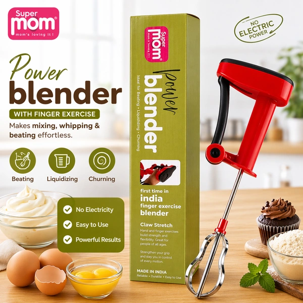 Super Mom Power Blender | Manual Hand Blender with Finger Exercise Mechanism | No Electricity Required | Multi-Purpose Beater for Mixing, Whipping & Churning | Durable & Easy to Use (Red)