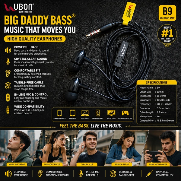 UBON B9 Big Daddy Bass Wired Earphones with Microphone 3.5mm Audio Jack In-Ear Headphones Deep Bass Stereo Sound Hands-Free Calling Tangle Resistant Cable Compatible with Smartphones, Tablets, Laptops & MP3 Players