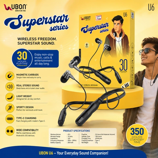 UBON U6 Superstar Series Bluetooth Wireless Neckband Earphones | 30H Playtime | 350H Standby | Bluetooth v5.3 | Magnetic Earbuds | Deep Bass Stereo Sound | Type-C Fast Charging | Lightweight Sports Design | Black