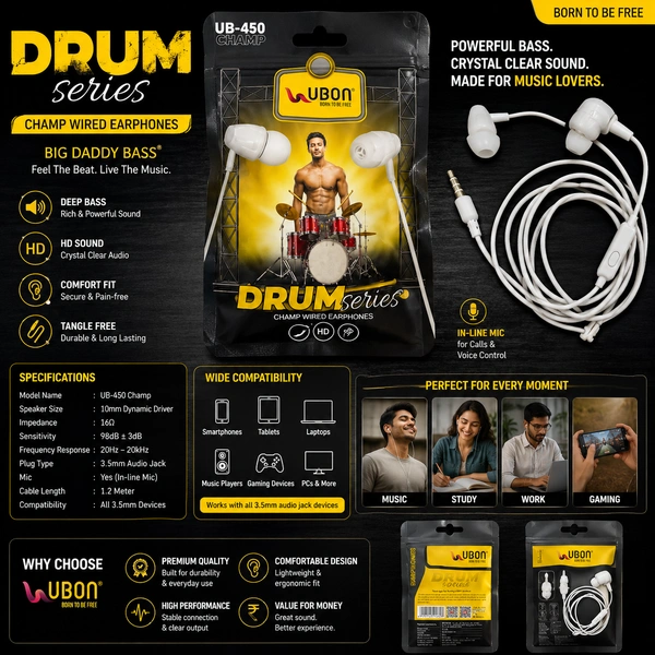 UBON UB-450 Champ Wired Earphones with Deep Bass, HD Sound, In-Line Microphone, 3.5mm Audio Jack, Comfortable In-Ear Design, Tangle-Free Cable for Smartphones, Tablets & Laptops