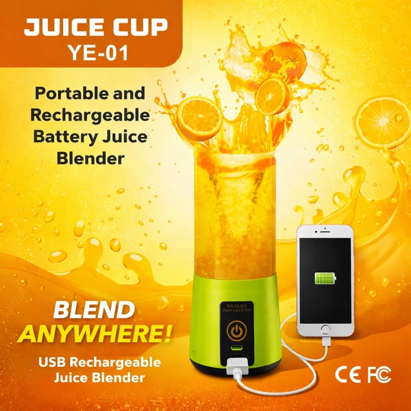 Portable Rechargeable Juice Blender ( RANDOM COLOURS ) YE-01, USB Electric Mini Juicer Cup 380ml, 2000mAh Battery, Personal Smoothie Maker with Stainless Steel Blades for Travel, Gym & Kitchen