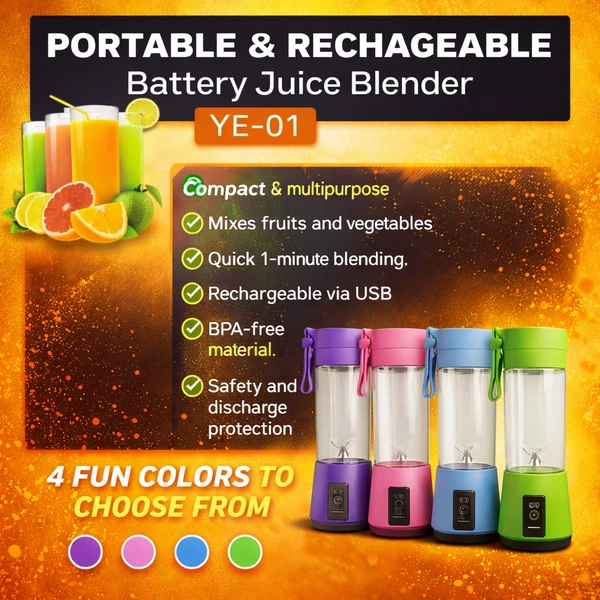 Portable Rechargeable Juice Blender ( RANDOM COLOURS ) YE-01, USB Electric Mini Juicer Cup 380ml, 2000mAh Battery, Personal Smoothie Maker with Stainless Steel Blades for Travel, Gym & Kitchen