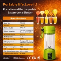 Portable Rechargeable Juice Blender ( RANDOM COLOURS ) YE-01, USB Electric Mini Juicer Cup 380ml, 2000mAh Battery, Personal Smoothie Maker with Stainless Steel Blades for Travel, Gym & Kitchen