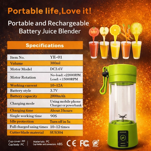 Portable Rechargeable Juice Blender ( RANDOM COLOURS ) YE-01, USB Electric Mini Juicer Cup 380ml, 2000mAh Battery, Personal Smoothie Maker with Stainless Steel Blades for Travel, Gym & Kitchen