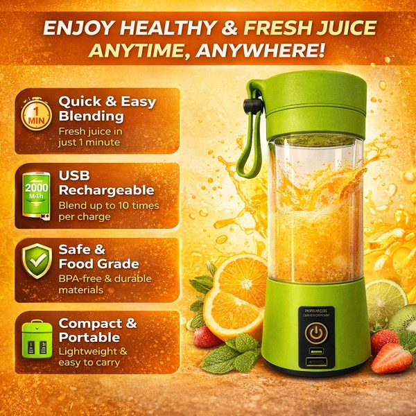 Portable Rechargeable Juice Blender ( RANDOM COLOURS ) YE-01, USB Electric Mini Juicer Cup 380ml, 2000mAh Battery, Personal Smoothie Maker with Stainless Steel Blades for Travel, Gym & Kitchen