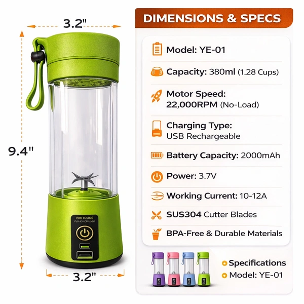 Portable Rechargeable Juice Blender ( RANDOM COLOURS ) YE-01, USB Electric Mini Juicer Cup 380ml, 2000mAh Battery, Personal Smoothie Maker with Stainless Steel Blades for Travel, Gym & Kitchen