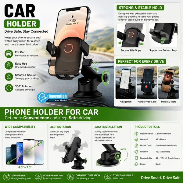 Universal Car Phone Holder Mount for Dashboard & Windshield, 360° Rotatable Adjustable Mobile Holder with Strong Suction Cup, One-Touch Lock, Anti-Shake Design for iPhone, Android & Smartphones