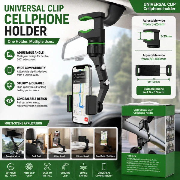 Universal Clip Cellphone Holder for Car Rearview Mirror | 360° Rotating Phone Mount | Multi-Joint Adjustable Mobile Holder | Anti-Slip Clamp | Suitable for 4.0"–6.9" Smartphones | Green & Black