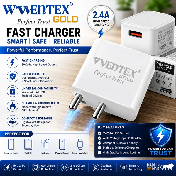 VVENTEX Gold 2.4A Fast USB Wall Charger Adapter | Single USB Port Mobile Charger | Smart IC Fast Charging | Compact Travel Charger with Multi-Protection | Compatible with Smartphones, Tablets, Earbuds & Power Banks