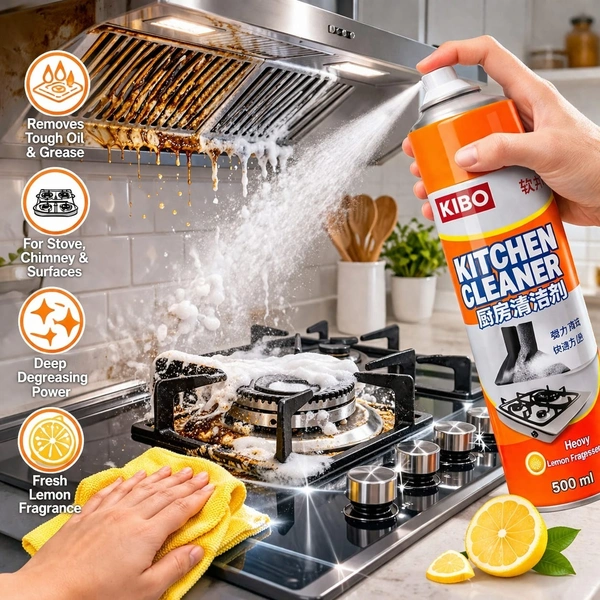 KIBO Kitchen Cleaner Spray (500ml) โ Heavy Duty Degreaser for Stove, Chimney & Kitchen Surfaces | Lemon Fragrance | Removes Tough Oil & Grease Stains