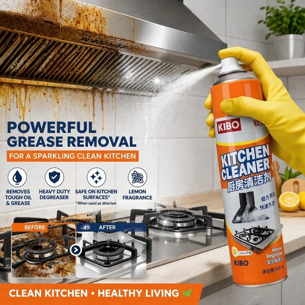 KIBO Kitchen Cleaner Spray (500ml) โ Heavy Duty Degreaser for Stove, Chimney & Kitchen Surfaces | Lemon Fragrance | Removes Tough Oil & Grease Stains