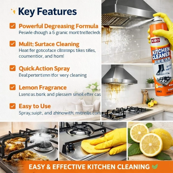 KIBO Kitchen Cleaner Spray (500ml) โ Heavy Duty Degreaser for Stove, Chimney & Kitchen Surfaces | Lemon Fragrance | Removes Tough Oil & Grease Stains