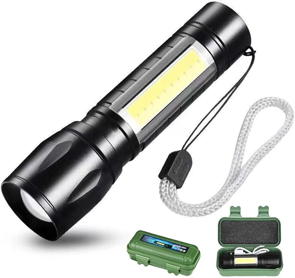 USB Rechargeable LED Flashlight Torch – XPE + COB Work Light, Waterproof & Energy Saving, Portable Handheld Emergency Light with Multi-Mode Lighting