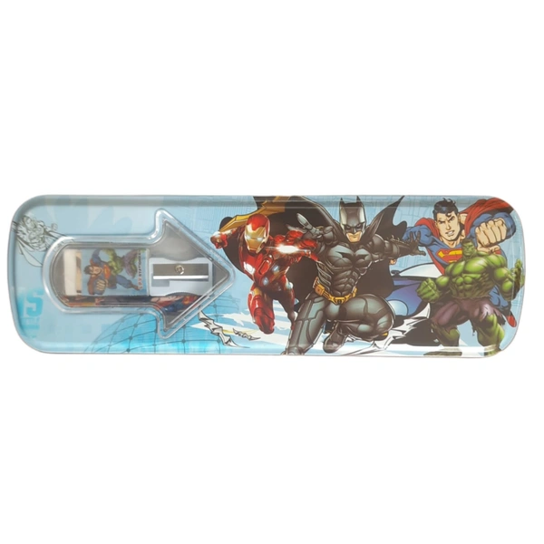 Kids Superhero Metal Pencil Box with Built-in Sharpener & Eraser,pencil | Durable Tin Pencil Case for School | Cartoon Character Stationery Organizer for Boys & Girls