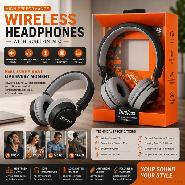 Wireless Bluetooth Over-Ear Headphones with Built-in Microphone | Deep Bass Stereo Sound | Foldable & Lightweight Design | Soft Cushioned Ear Cups | Long Battery Life | Wireless Headset for Music, Calls, Work & Travel