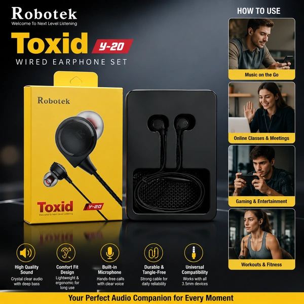 Robotek Toxid Y-20 Wired In-Ear Earphones with Deep Bass, Noise Isolation, Comfortable Fit, High-Quality Sound & Durable Cable for Smartphones, Tablets, Laptops and Music Lovers