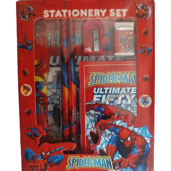 Spider-Man Kids Stationery Set for School | Complete Writing & Drawing Kit with Pencil, Scale, Eraser & Sharpener | Cartoon Gift Set for Boys & Students