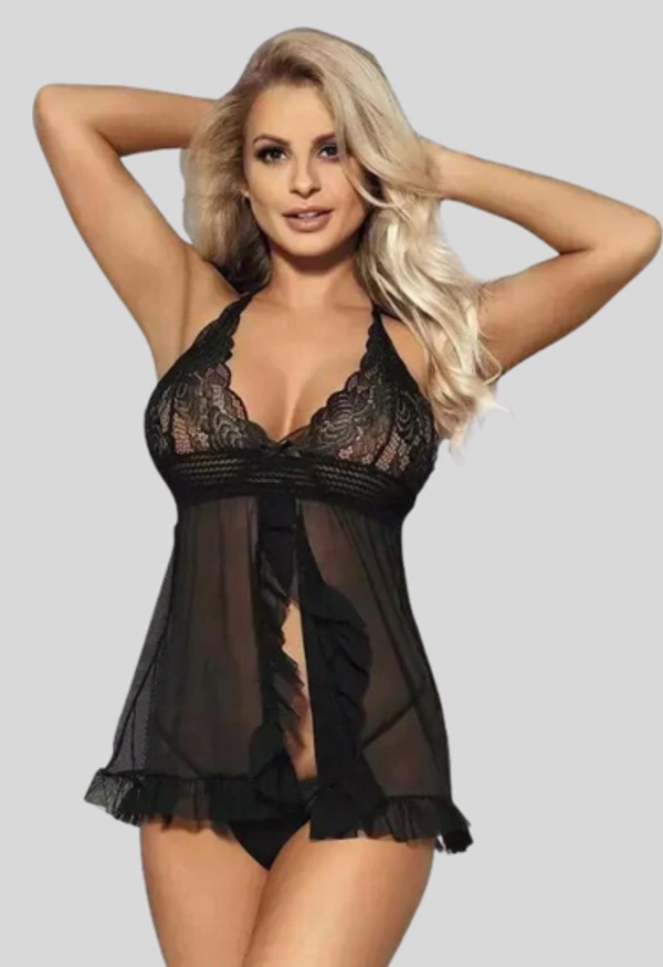 NAUGHTYGALZ Seductive Lace Babydoll Mini Nightwear Dress - Black, Free Size