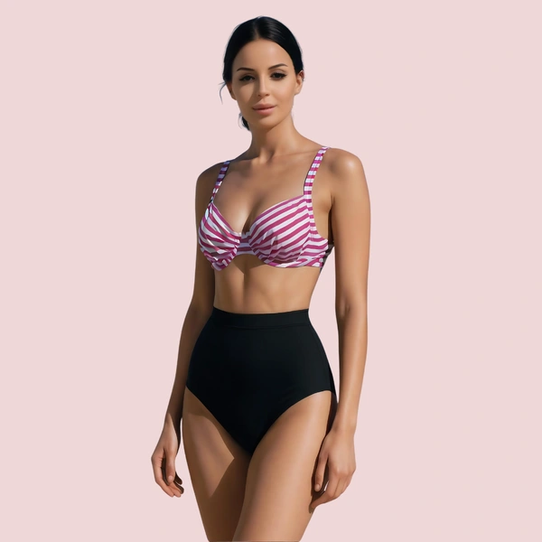 NAUGHTYGALZ Structured Underwire Bikini Bra Topa in Pink & White Stripe (Top Only) - 46, Mulberry